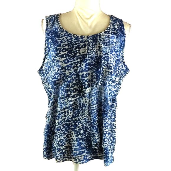 Chico's Women's Fancy Tank Top Size 3 Blue White Ruffle Stretch Beach Ocean... - Picture 1 of 6